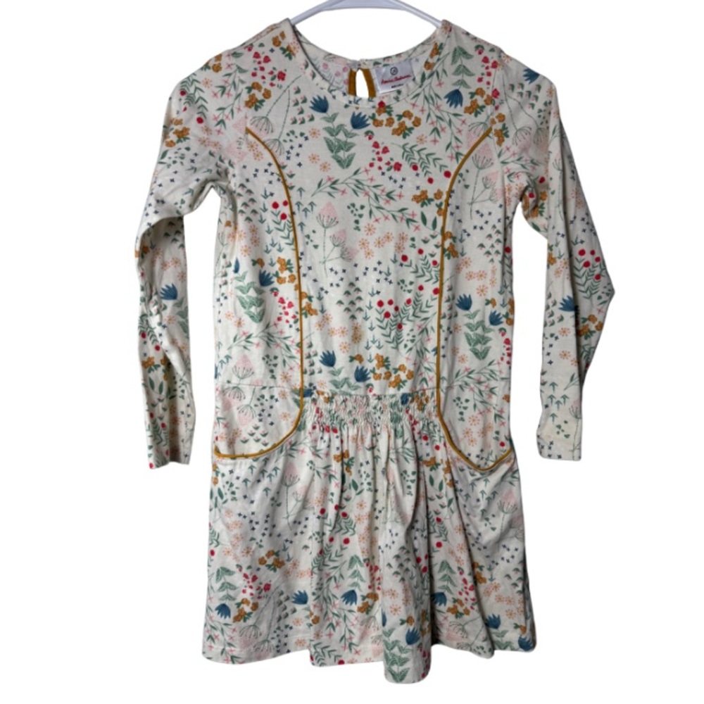 Hanna Andersson Cream Floral Long Sleeve 100% Cotton Dress With Pockets Size 8